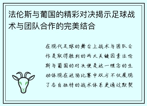 法伦斯与葡国的精彩对决揭示足球战术与团队合作的完美结合